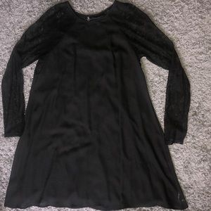 Black swing dress, long lace sleeves, high neck